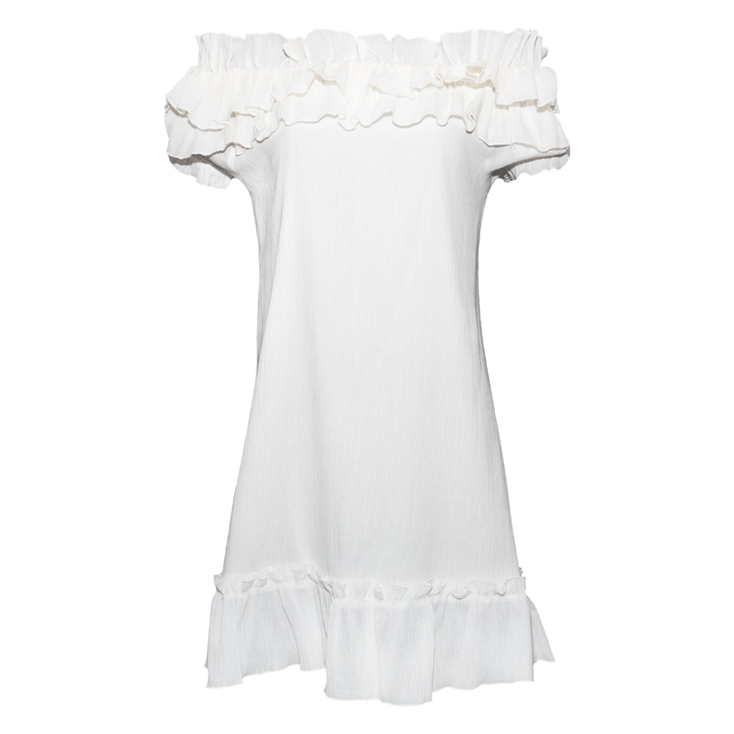 Resort off shoulder dress with ruffles at the bottom and around shoulders and balloon sleeves in off white colour. A free flowing bodice, a fine cotton inner lining, made sustainably from European GOTS certified Organic Cotton.