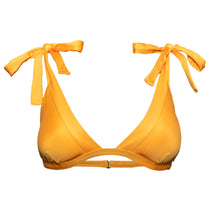 Citrus yellow triangle bikini top with tieable bows on shoulders with an extra soft touch, fine lining and thick feel. Made sustainably and ethically in Europe from finest polyamide. Perfected fit for every body shape.