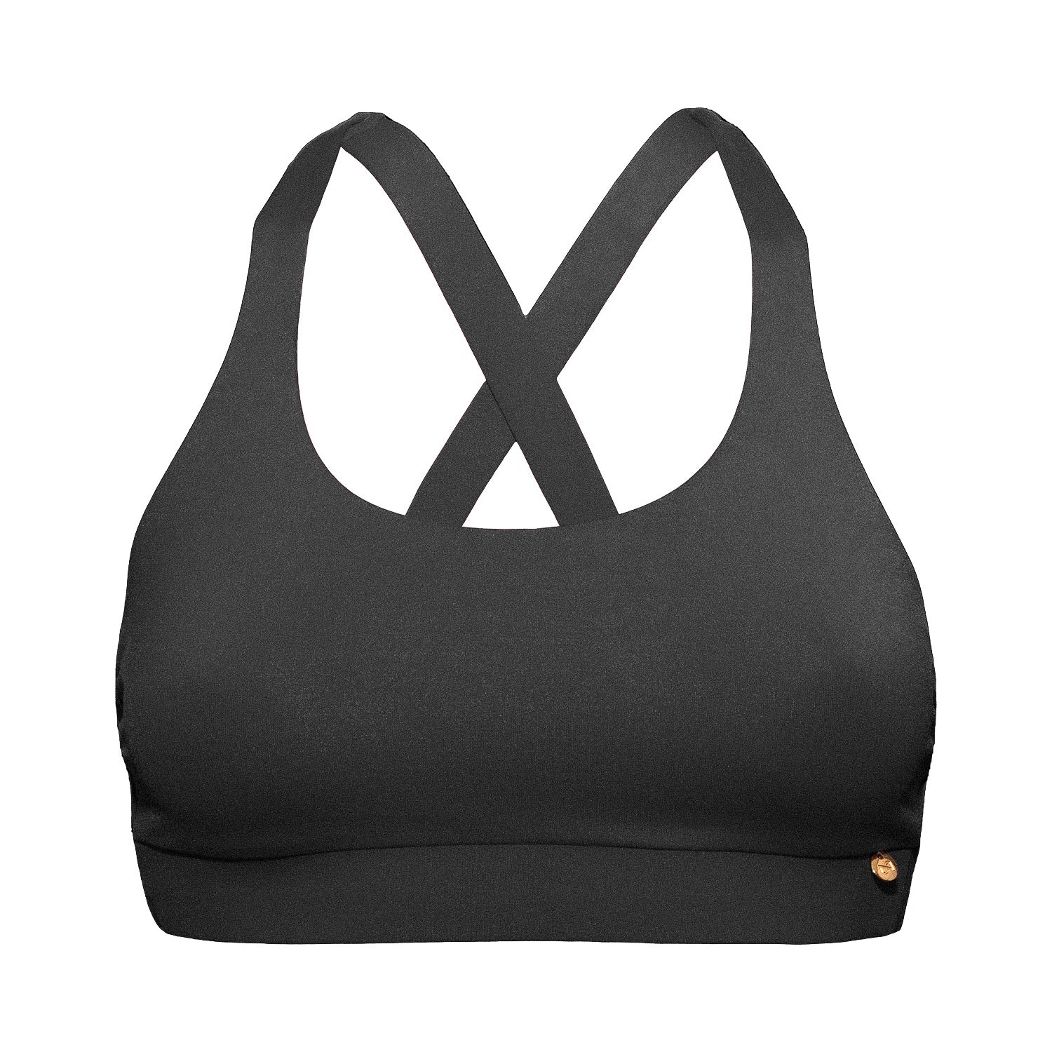 Elegant black sports bikini top with crossed straps on the back with an extra soft touch, fine lining and thick feel. Made sustainably and ethically in Europe from finest polyamide. Perfected fit for every body shape.