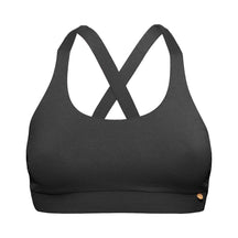 Elegant black sports bikini top with crossed straps on the back with an extra soft touch, fine lining and thick feel. Made sustainably and ethically in Europe from finest polyamide. Perfected fit for every body shape.